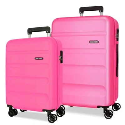 Immagine di ROLL ROAD Flex Valigia rigida realizzata in ABS, un materiale, chiusura a combinazione laterale 4 ruote doppie bagaglio mano, pratico interno con vano, Rosa, Taglia unica, Set 2 valigie
