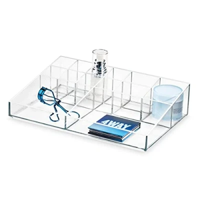 Immagine di iDesign The Collection Trucchi, Porta pennelli Make up con 13 Scomparti della Collezione Firmata da Sarah Tanno, Portatrucchi plastica per Rossetti e Palette, Trasparente, 30,5 x 20,3 7,5 cm