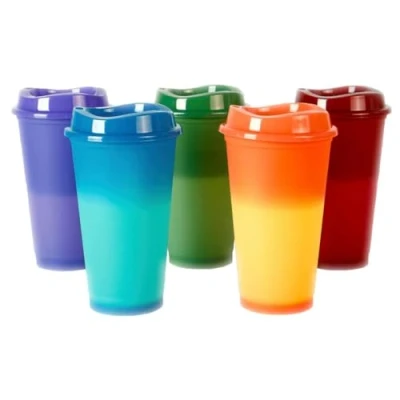 Immagine di JZF bicchieri da caffè riutilizzabili che cambiano colore, 5 pezzi, 473 ml, in plastica con coperchio, qualità e resistenti agli spruzzi d&#039;acqua viaggio