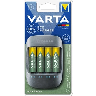 Immagine di Varta caricabatterie ricaricabili 57680101451, realizzato con 50% di materiale bioplastico, 4 batterie stilo AA da 2100 mAh incluse
