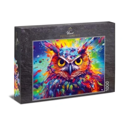Immagine di Ulmer Puzzleschmiede puzzle da 1000 pezzi di gufi Ritratto artistico colorato del gufo come esplosione colore su sfondo astratto uccelli vivaci, qualità Made in Germany