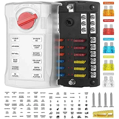 Immagine di Portafusibili 12 x auto V fusibili piatti ATO/ATC scomparti illuminano custodia in plastica M5 vite con 5 25 A fusibile 32 100 max per barca RV