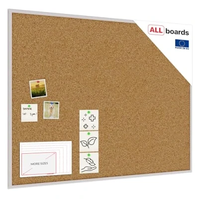 Immagine di ALLboards Lavagna in Sughero con Cornice Argento Legno 120x90cm, Bacheca per Puntine Spille Memoboard
