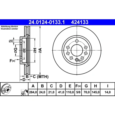 Immagine di ATE 24.0124 0133.1 Disco freno 284,0 24,0 5 110,0 ventilato rivestito legato /ad alto tenore di carbonio OPEL: Calibra A, Vectra A Sedan