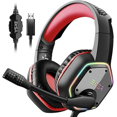 Immagine di EKSA E1000 Cuffie da gioco USB per PC con microfono/microfono cancellazione del rumore, cablate audio surround 7.1 e luce RGB laptop console PS4/PS5 Rosso