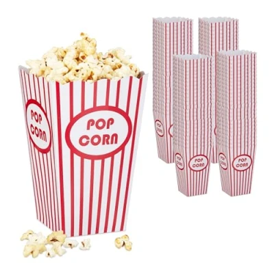 Immagine di Relaxdays Sacchetti per Popcorn, Set 100, a Righe, Feste Compleanno Tema Cinema, Box Contenitore Cartone, Rosso Bianco, 16 x 10,5 cm