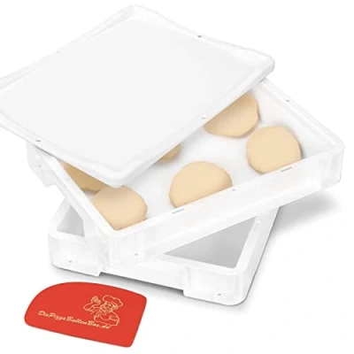 Immagine di RoyalFay® Contenitore per palline pizza, in bianco, 30 x 40 8 cm (2 contenitori con 1 coperchio), impasto pizza al lievito naturale, spatola, impilabile