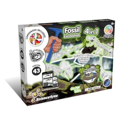 Immagine di Science4you Kit Dinosauri 4 in 1 Fossili da Scavare che si Illuminan al Buio di Dinosauri: T Rex, Stegosauro, Triceratopo e Velociraptor, Scheletro Dinosauro, Giocattoli per Bambini 6 7 8 9+ Anni