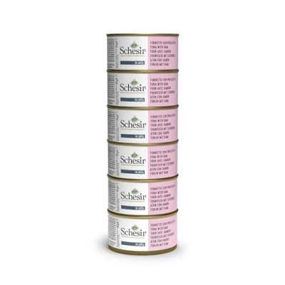 Immagine di Schesir, Cibo Umido per Gatti Adulti, Tonnetto con Prosciutto, in Filetti e Gelatina 100% naturale. Confezione da 6 lattine x 85gr