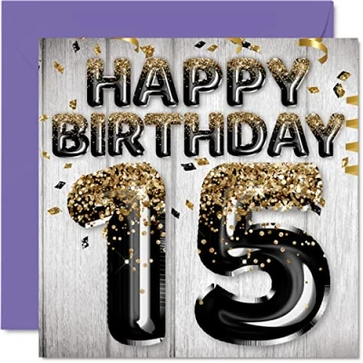 Immagine di Stuff4 Biglietto di auguri per il 15 compleanno ragazzi, con palloncini glitterati neri e dorati, biglietti anni, figlio, fratello, nipote, cugino, 145 mm x