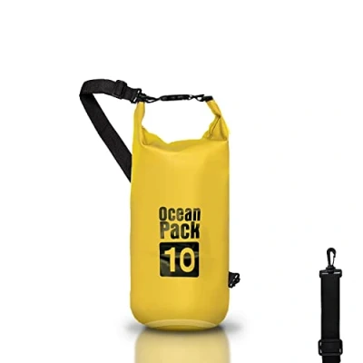 Immagine di Dry Bag, Borsa Sacca Zaino Impermeabile Waterproof, chiusura a rotolo e tracolla, custodia per cellulare marsupio Mare Barca Pesca Rafting Spiaggia Sport Acquatici (Yellow, 10l)