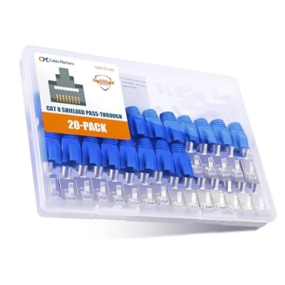 Immagine di Cable Matters Confezione da 20 connettori passanti schermati RJ45 Cat8 Cat7 Cat6 23 24AWG con fermacavo per cavi Ethernet solidi o intrecciati (connettori Cat8/connettori Cat 8)