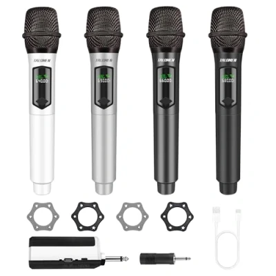 Immagine di talomen microfono wireless karaoke 2,4 GHz, dinamico portatile professionale con ricevitore ricaricabile, per canto, karaoke, feste, esibizioni dal vivo, K604 Bianco, Argento, Grigio, Nero.