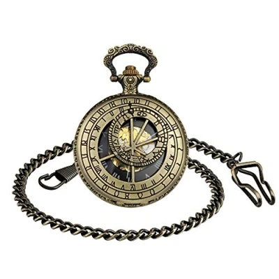 Immagine di MICGIGI Orologio da taschino meccanico unisex, con 12 costellazioni, scheletro, catena, bronzo, Classico