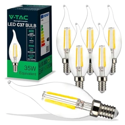 Immagine di V TAC 6x Lampadine LED Filamento Fiamma con Attacco Edison E14 4W (Equivalenti a 35W) 400 Lumen Massima Efficienza e Risparmio Energetico 3000K Luce Calda