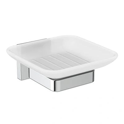 Immagine di Ideal Standard iIdeal IOM Square Portasapone per installazione a parete in vetro opaco, con supporto cromato