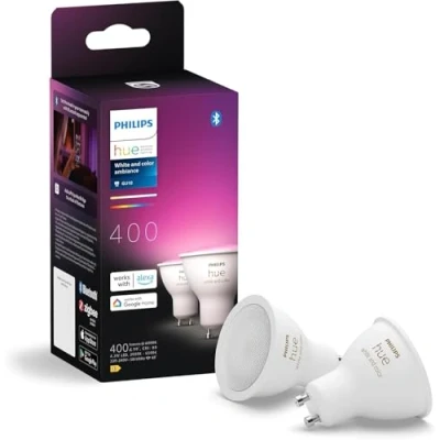 Immagine di Philips Hue Faretto Smart GU10, Luce Bianca e Colorata (2 pezzi), 400lm, Compatibile con Bluetooth, Controllo vocale Alexa, Apple Home Google Assistant