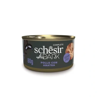 Immagine di Schesir After Dark, Gusto Pollo con Anatra in filetti, Cibo Umido Completo per Gatti Adulti (lattine 12 x 80g)