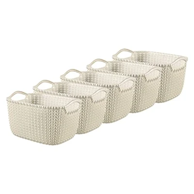 Immagine di Curver Set di 5 cestini portaoggetti rettangolari effetto maglia, per cucina, soggiorno, bagno, camera da letto, 8 litri, colore bianco Oasis