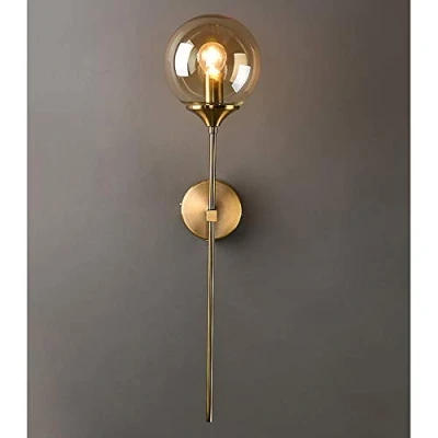 Immagine di MZStech applique da parete industriale vintage, globo in vetro Ambra con lampada dorata a braccio lungo, per comodino (Ambra)