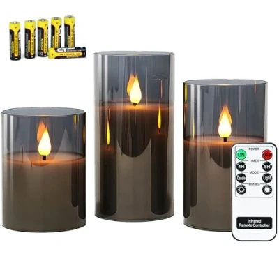 Immagine di Rhytsing 3 Candele di Vetro Led Natale con Timer, Decorazione Luminosa Grigio Fumo, un Telecomando e Batterie Incluse H 10 cm / 12,5 15