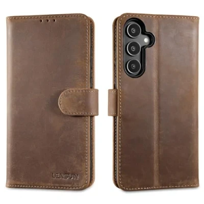 Immagine di Lensun Cover per Samsung Galaxy A35, Custodia in Vera Pelle Libro con Portafoglio Chiusura Magnetico Flip Custodie Cuoio Telefono A35 5G Marrone Scuro Retrò