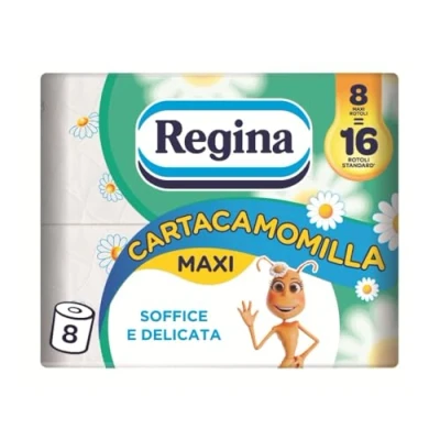 Immagine di Regina Cartacamomilla 8 Rotoli di Carta Igienica, 300 Soffici Fogli a 3 Veli, Delicata e Consistente, Confezione in Riciclabile