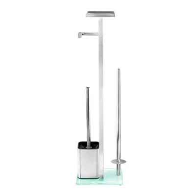 Immagine di Wenko Set da Toilette autoportante con ripiano Debar, in Acciaio Opaco, portarotolo e portascopino, di riserva, Base Vetro Sicurezza, 21x70,5x18cm