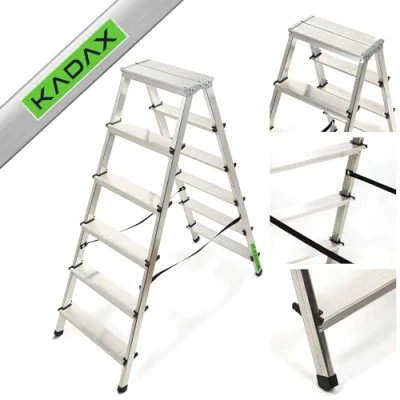 Immagine di KADAX Scala Pieghevole in Alluminio, Scaletta Doppia a Pioli con Piattaforma Antiscivolo, Gradini Larghi e Struttura Leggera, Fino 125 kg (6 Gradini)