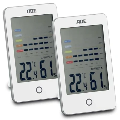 Immagine di ADE Igrometro digitale con allarme muffa Termometro visualizzazione precisa della temperatura Umidità cronologia di 12 ore Ampio display LCD batteria Bianco Confezione doppia