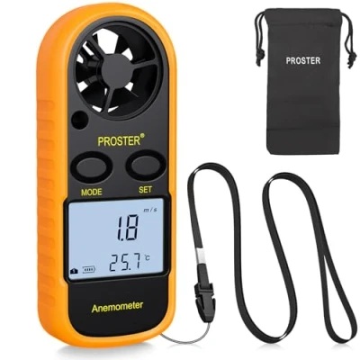 Immagine di Proster Anemometro Digitale LCD Misuratore Velocità Vento Tester Flusso Aria Termometro con Retroilluminazione per RC Drone Elicottero Windsurf Aquilone Gara Vela Pesca ecc