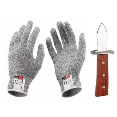 Immagine di Coltello per Ostriche, Apri Ostriche con Manico in Legno e 1 Paio di Guanti Resistenti al Taglio(XL), ama Acciaio Inossidabile Molluschi Frutti Mare