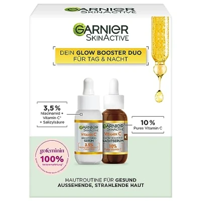 Immagine di Garnier Vitamina C Glow Booster Serum Duo per giorno e notte, con siero anti scuro di notte brightening Night contro macchie scure pelle stanca, formula vegana, SkinActive, 2 x 30 ml