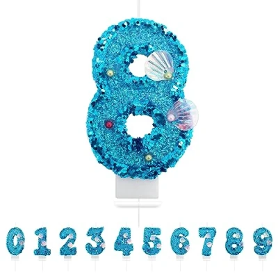 Immagine di candele di compleanno con numeri 8,3D, blu, 8, decorazione per torte, compleanni, decorazioni