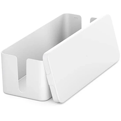 Immagine di deleyCON Gestione Cavi Box Cavo Organizer Casetta 40,5cm x 15,3cm 13cm Plastica Robusta 2 Guide Laterali per Protezione e Sicurezza Bianco