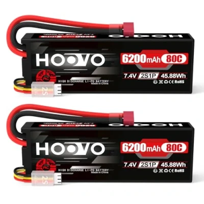 Immagine di HOOVO Batteria 2S Lipo 7,4 V 80 C 6200 mAh RC con spina Deans per Auto Aeroplano Elicottero Barca Buggy Quadcopter (2 confezioni)