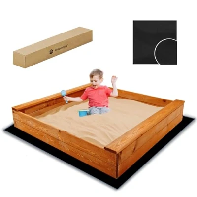 Immagine di sabbia in legno, 120 x cm, con panche, grande cassetta di aperta per bambini, impregnata ecologica, geotessile e bordi arrotondati, SPRINGOS