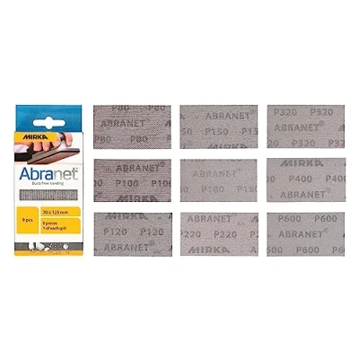 Immagine di Mirka Abranet Strisce abrasive a rete, 70 mm x 125 mm, confezione da 1 di ogni grana 80, 100, 120, 150, 180, 220, 320, 400, 600 / 9 pezzi, per levigare legno, spatola, vernice, plastica