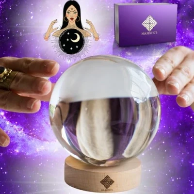 Immagine di Sfera di cristallo Voyance 10 cm e supporto in legno + scatola perfetta per Cristallomancie, Divinazione, Medium [Garanzia a vita]
