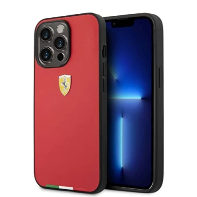 Immagine di CG MOBILE Ferrari Custodia protettiva per iPhone 14 Pro Max, in pelle sintetica PU, con chiusura a scatto, assorbimento degli urti e logo firmato, colore: Rosso