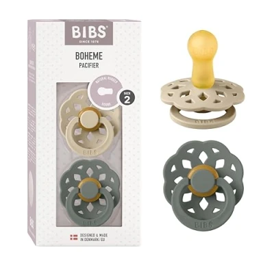 Immagine di BIBS Boheme Ciuccio confezione da 2 pezzi. Privo di BPA., Tettarella tonda. Lattice gomma naturale, Prodotto in Danimarca, Taglia (6 18 mesi), Vanilla/Pine