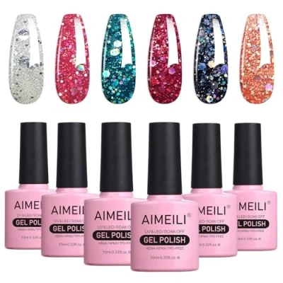 Immagine di AIMEILI Smalto Semipermente Kit Semipermanente Unghie in Gel UV LED Smalti Colorati per Manicure Soak Off Glitter Polish Set 6 x 10 ml Numero