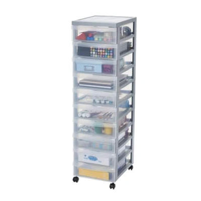 Immagine di Iris Ohyama, Torre portaoggetti in plastica, 10 scatole per ufficio da 7L, maniglia integrata, 4 ruote rimovibili, DC 010, Grigio L29 x P40 A100,5 cm