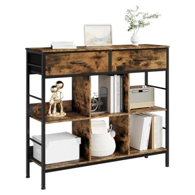Immagine di WOLTU Libreria con 2 cassetti, 6 scomparti aperti, scaffale telaio in metallo, autoportante, per soggiorno, studio, camera da letto, marrone rustico, nero