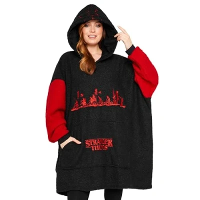 Immagine di Stranger Things Felpa Donna Coperta con Cappuccio Felpe Oversize Pile Taglia Unica per Ragazze Blanket Hoodie Official (Nero)