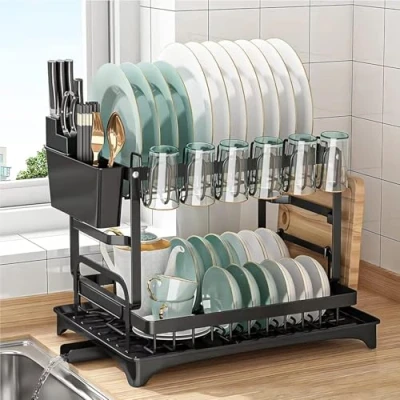 Immagine di scolapiatti a 2 livelli, nero con vassoio antigoccia, in acciaio inossidabile, tazza, porta utensili e tagliere, antiruggine per piano di lavoro