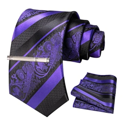 Immagine di JEMYGINS Cravatta Uomo Viola in Seta Ricamo Classico di Petali a Strisce Multicolore con Fazzoletto e Fermacravatta