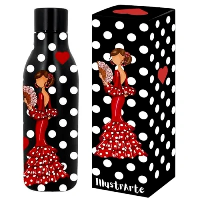 Immagine di IllustrArte Bottiglia Termica da 500 ml Doppia Parete in Acciaio Inossidabile, Isolamento sotto Vuoto, Senza BPA, Resistente ai Graffi e alla Condensa Design Flamenco con Abito Rosso