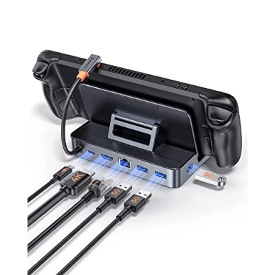 Immagine di Baseus Steam Deck Dock con Supporto Regolabile, 6 in 1 Docking Station HDMI 4K@60Hz, 3 USB A 3.0, Ethernet e PD Ricarica Rapida 100W, Nuovo Design per Accessori