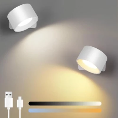 Immagine di Birnetek Applique da Parete Interno 2pcs, USB C Ricaricabile Lampada con Batteria, Plafoniere Senza Forare, Ruotare 360, Touch Control, 3 Luminosità e Colori (Bianco)
